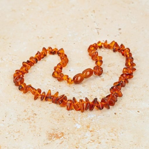 Teething necklace chips amber beads cognac