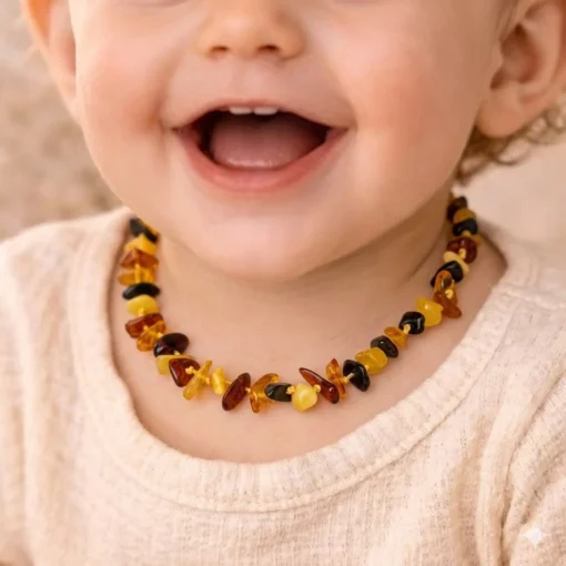Teething necklace chips amber beads multi