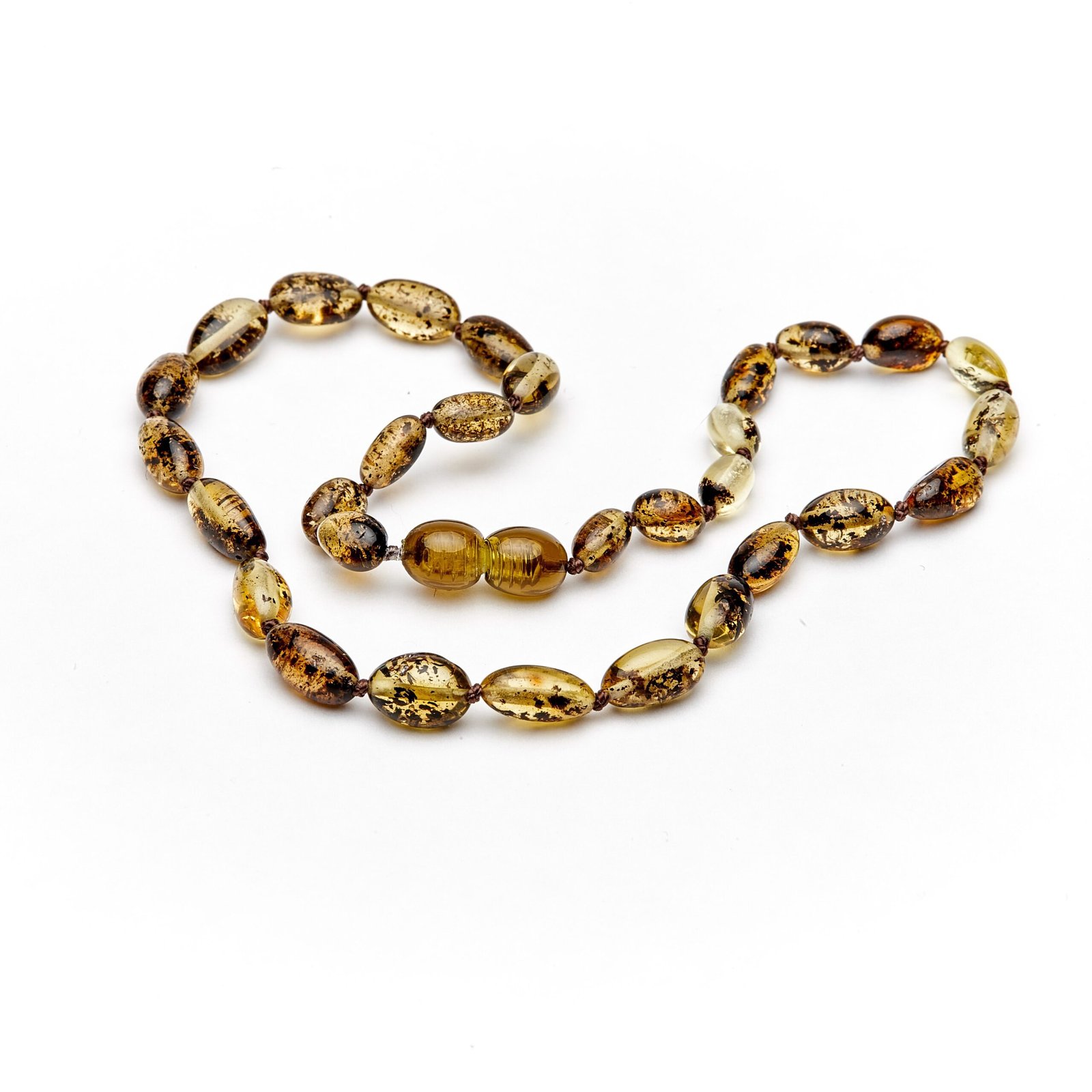 Teething necklace oval amber beads green