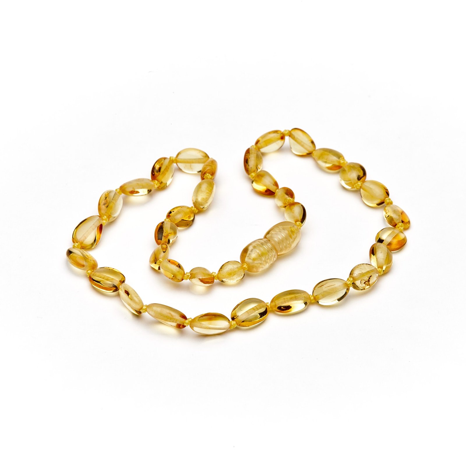 Teething necklace oval amber beads lemon